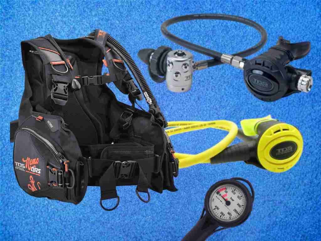 Tauchausrüstung Set mit ADV Jacket Nemo QRS, Atemreglerset mit Octopus und Fini Tauchausrüstung Set mit ADV Jacket Nemo QRS, Atemreglerset mit Octopus und Fini